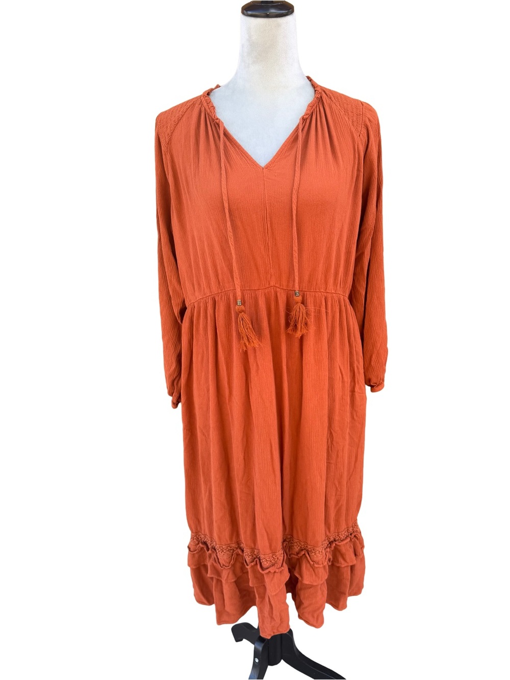 Knox Rose Boho Peasant Dress Women Size Large Terracotta Rust Gauze Ruffle Midi - Picture 2 of 8